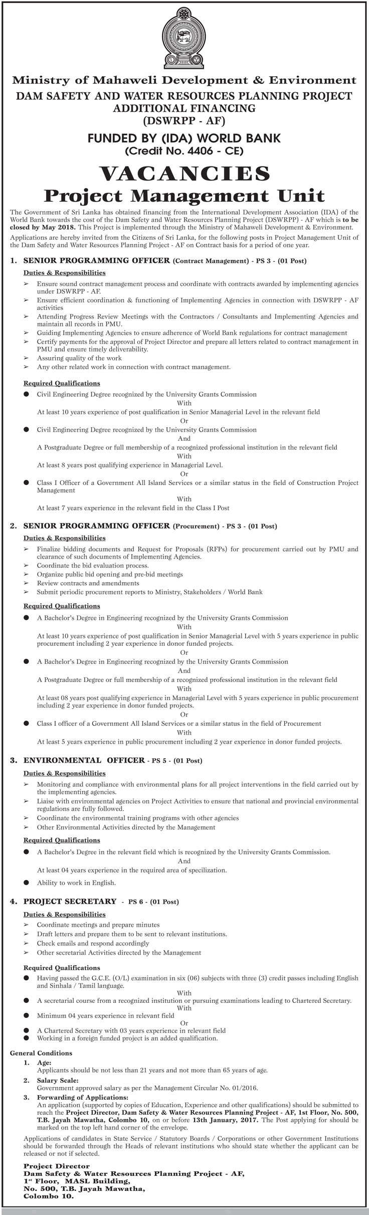 Senior Programming Officer (Contract Management, Procurement), Environmental Officer, Project Secretary - Ministry of Mahaweli Development & Environment	